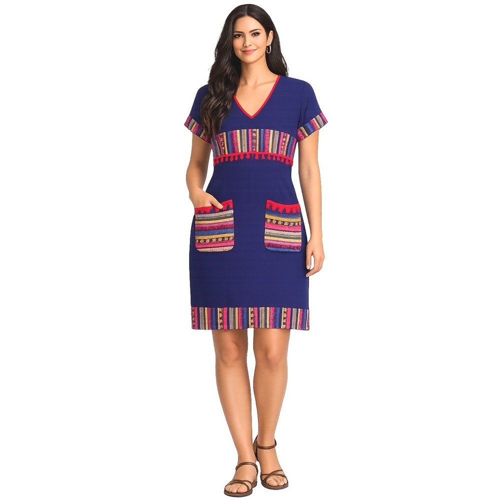 Handmade Women's Latin American Embroidered Navy Blue Multicolor Dress EUC